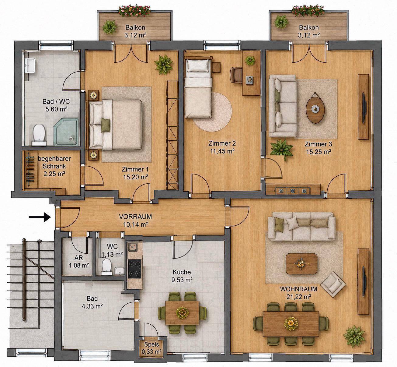 Detaillierter Grundriss einer Wohnung mit drei Zimmern, zwei Bädern und zwei Balkonen.