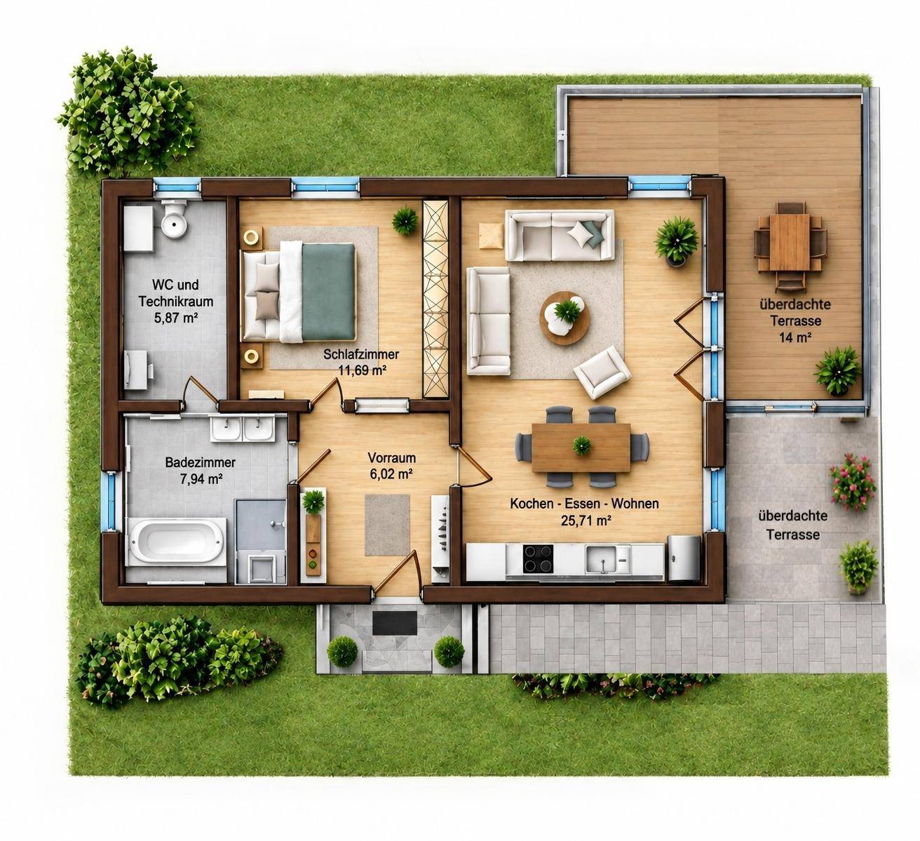 Detaillierter Grundriss mit Wohn-, Schlaf- und Badezimmer sowie überdachter Terrasse.