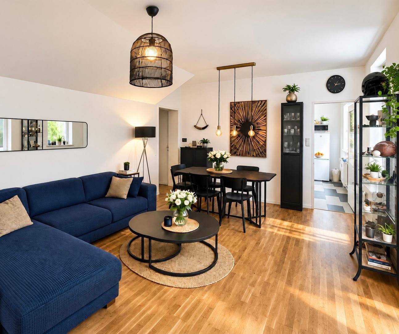 Heller, offener Wohn- und Essbereich mit modernem Sofa, Holzboden und stilvoller Dekoration.
