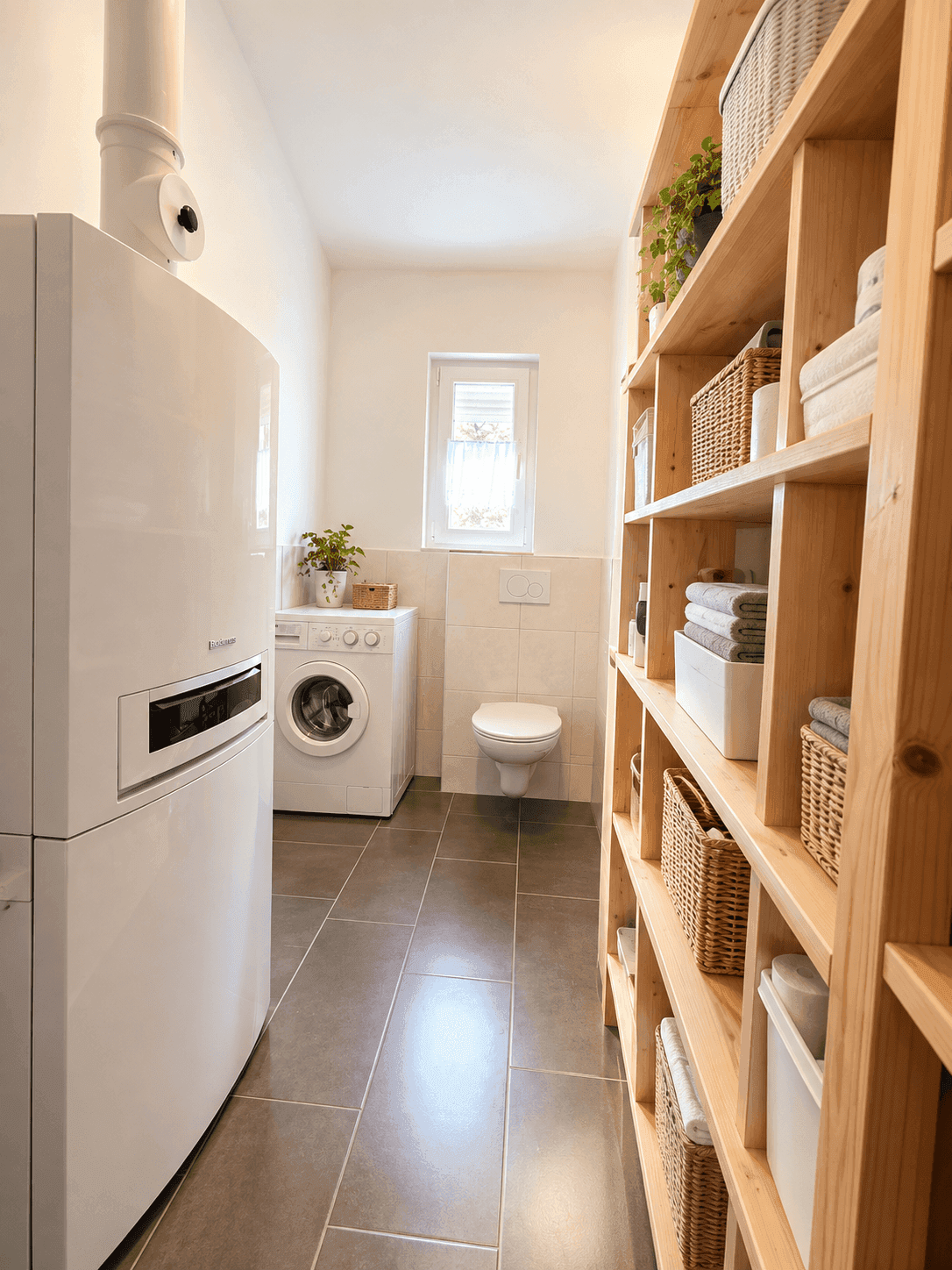 Hauswirtschaftsraum mit Heizungsanlage, Waschmaschine, WC und Holzregalen.