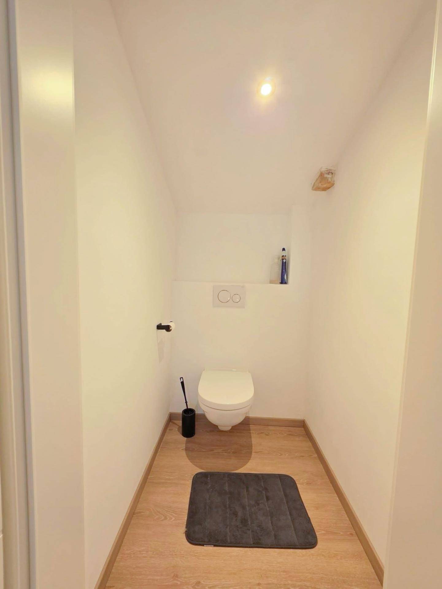 Modernes Gäste-WC mit wandhängender Toilette und Laminatboden.
