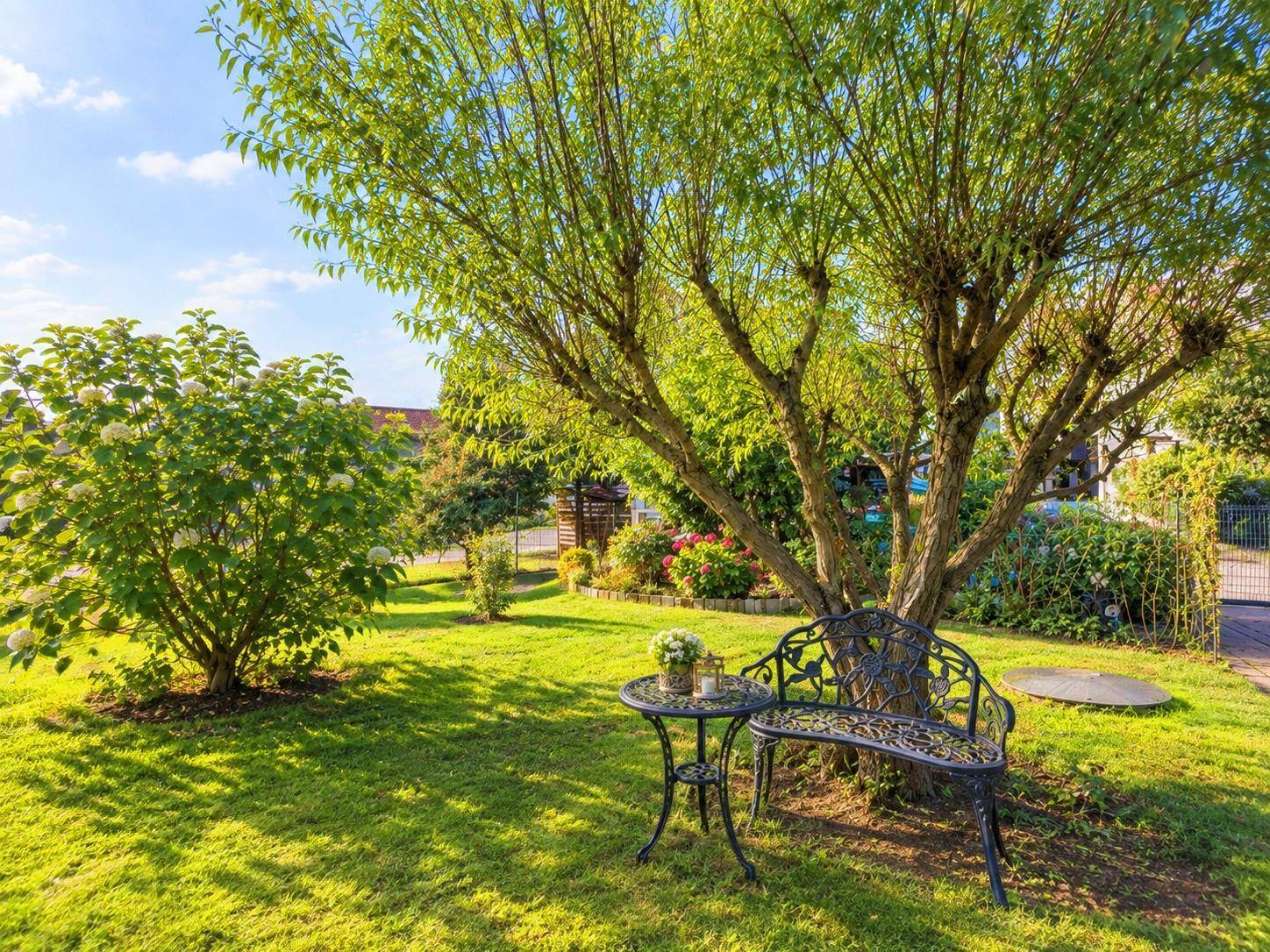 Sonnige Gartenecke mit schmiedeeiserner Sitzbank unter einem großen Baum.