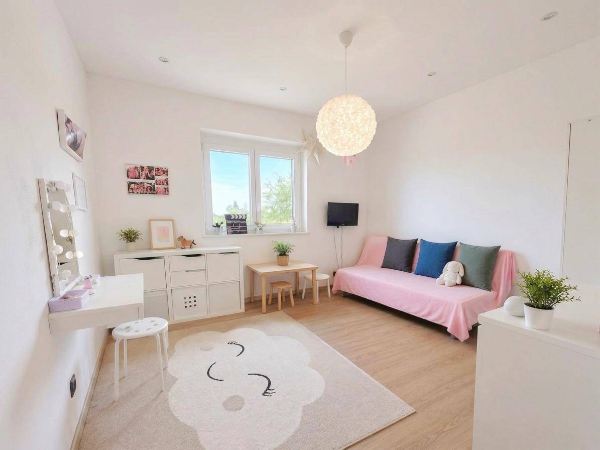 Kinderzimmer mit rosa Sofa, Spieltisch und großem Fenster, hell und freundlich gestaltet.