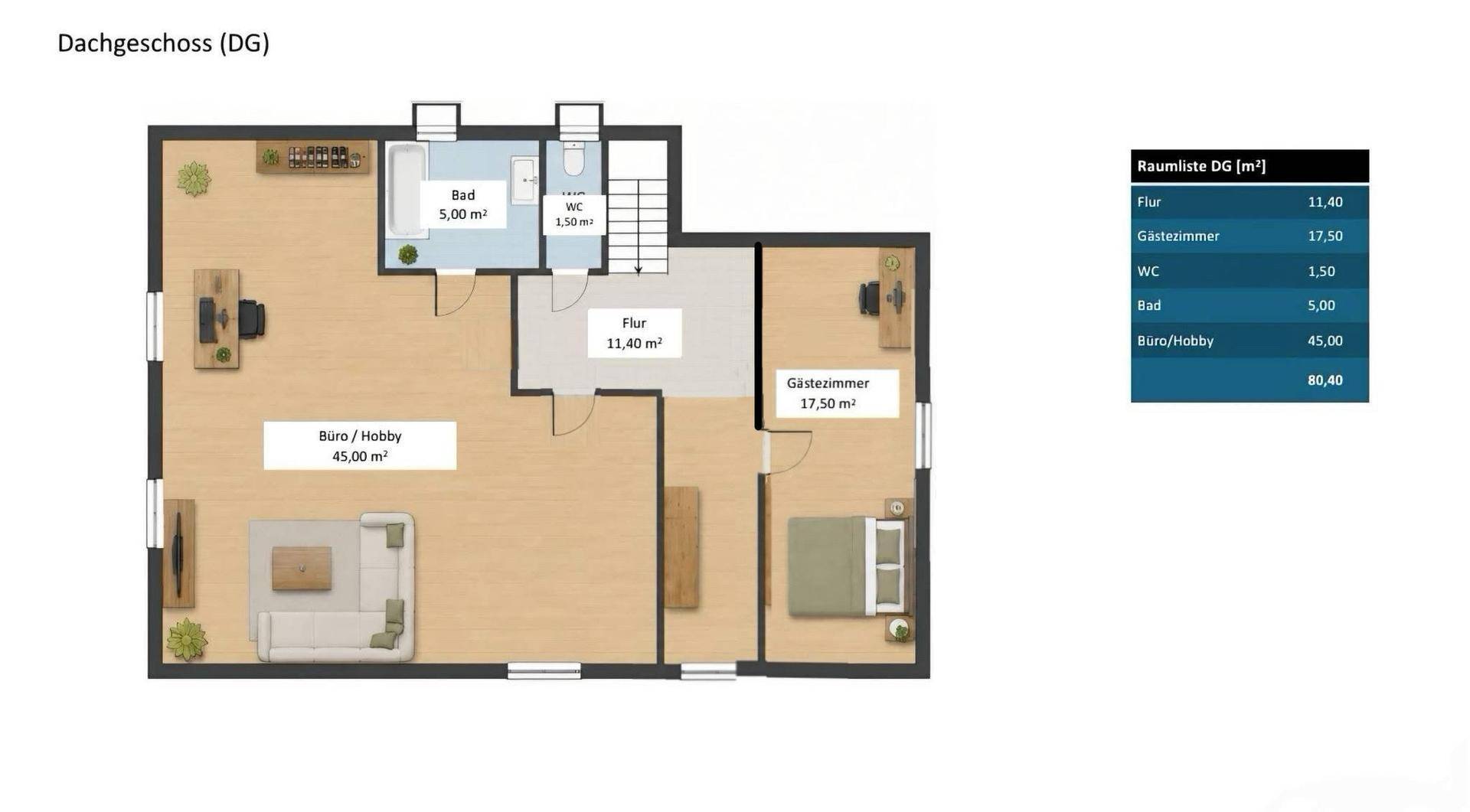 Grundriss des Dachgeschosses mit großem Büro-/Hobbyraum, Gästezimmer und Bad.