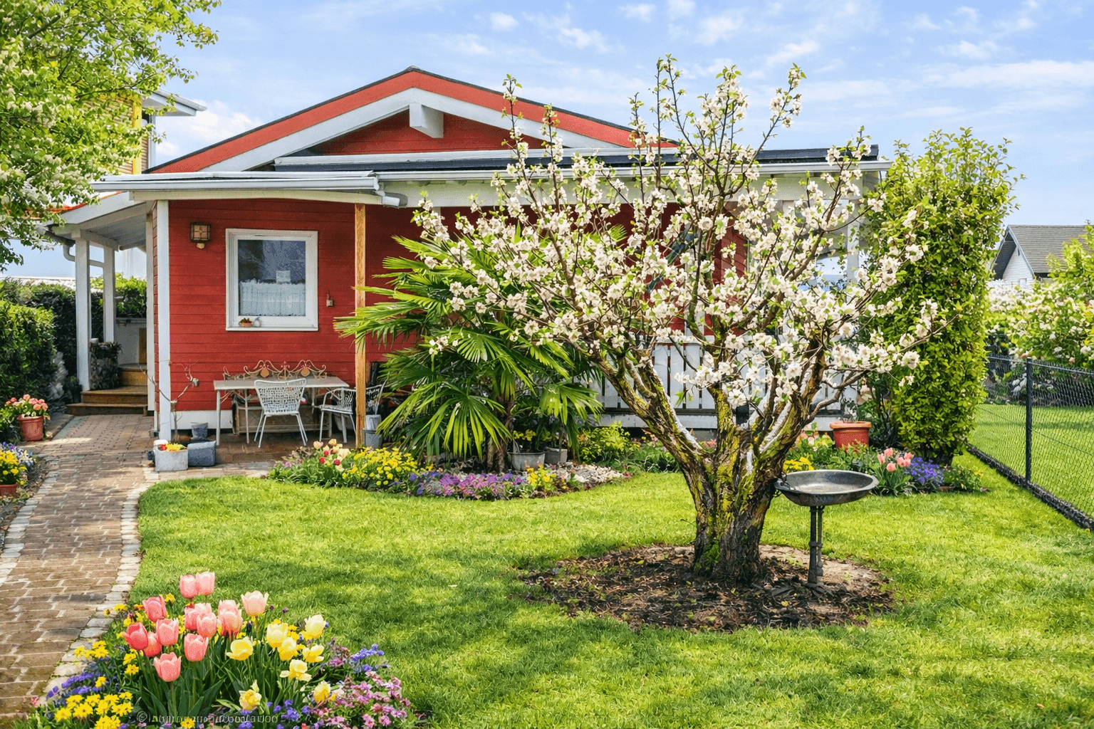 Sonniger Garten mit blühendem Obstbaum und Sitzbereich auf der überdachten Terrasse.