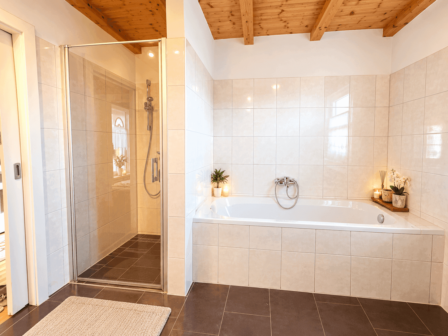 Modernes Badezimmer mit Badewanne, ebenerdiger Dusche und Fliesenboden.