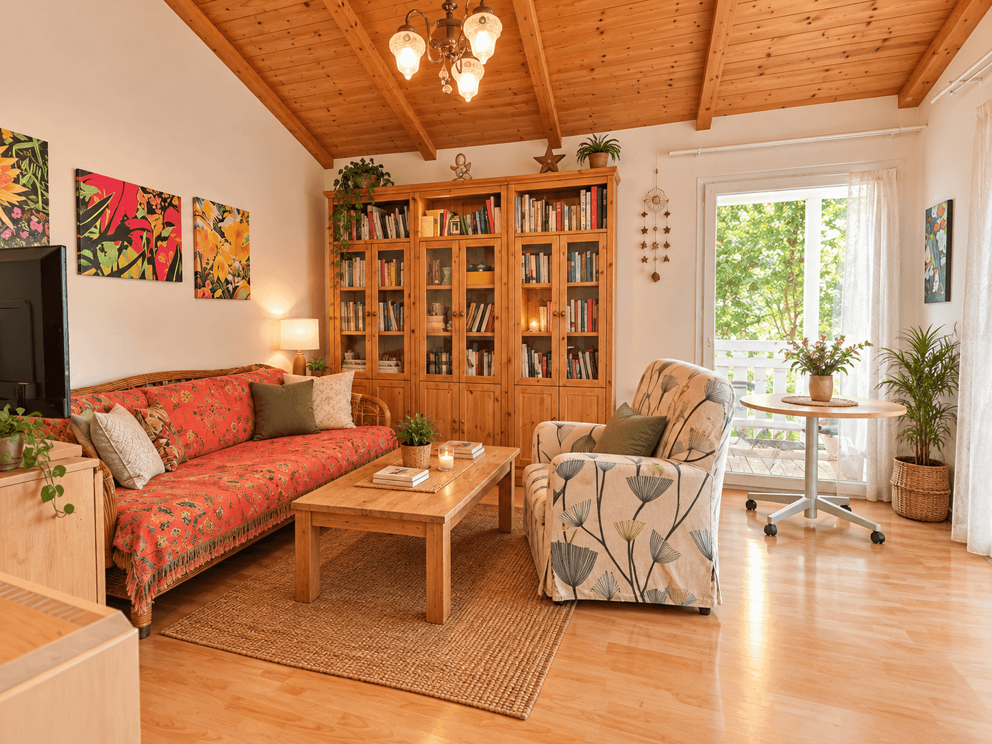 Gemütliches Wohnzimmer mit Holzbalkendecke, Bücherregal und Zugang zum Balkon.