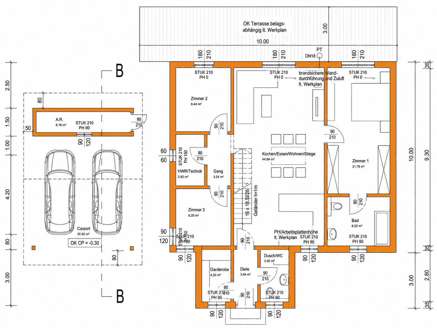 Grundriss des Erdgeschosses mit offenem Wohnbereich, Küche, Carport und Terrasse.