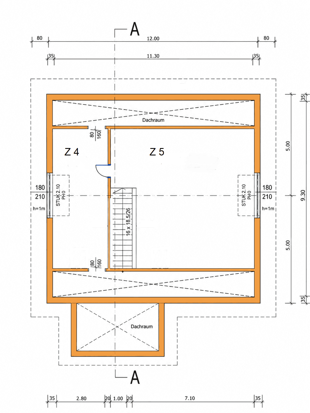 Grundriss des Obergeschosses mit Dachschrägen und zwei geräumigen Zimmern.