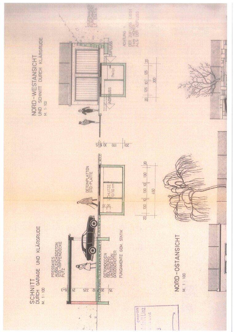 Schnitt- und Ansichtspläne der Garage mit Details zur Konstruktion und Umgebung.