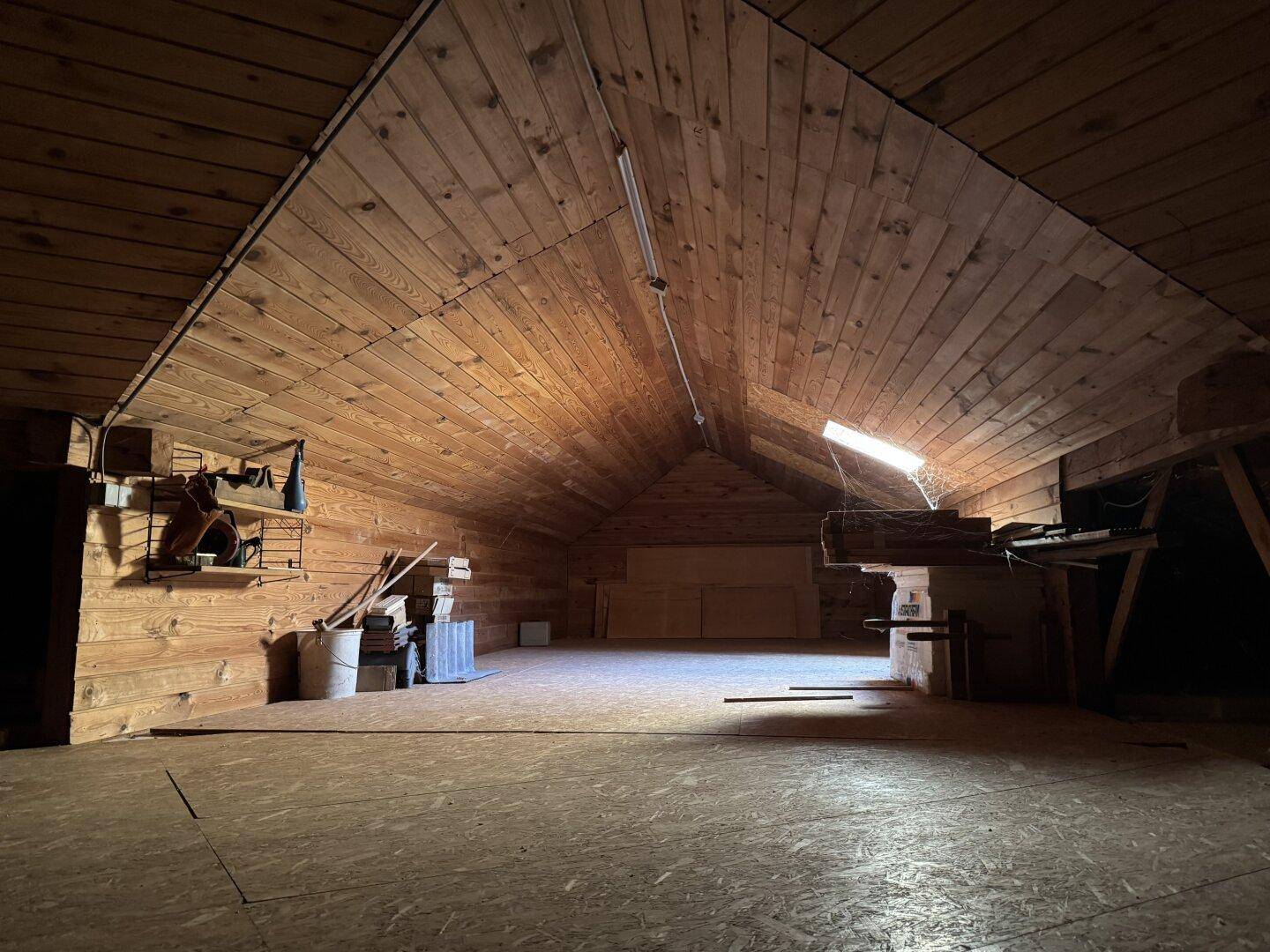 Geräumiger Dachboden mit Holzverkleidung, sichtbaren Dachschrägen und Oberlicht.