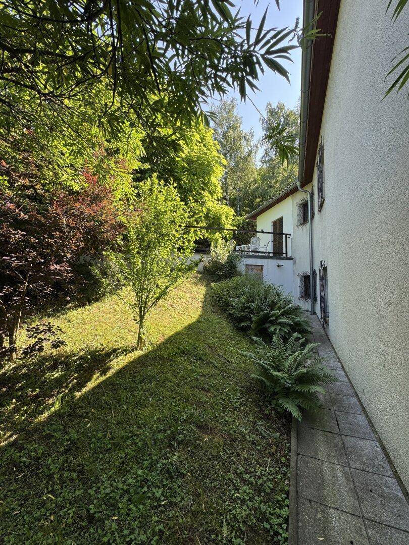Hanglage des Gartens mit üppiger Bepflanzung und seitlichem Blick auf das Haus.
