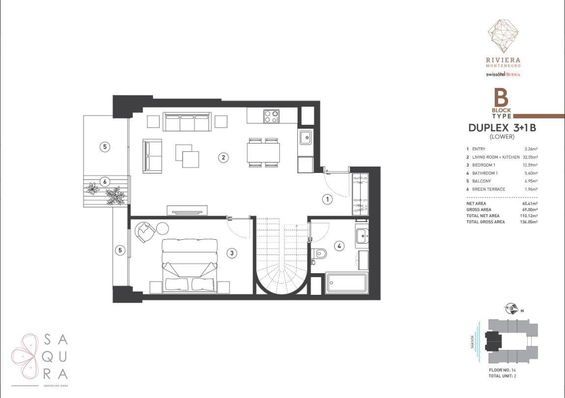 Grundriss der unteren Ebene eines Duplex mit offenem Wohnbereich, Schlafzimmer und Terrasse.
