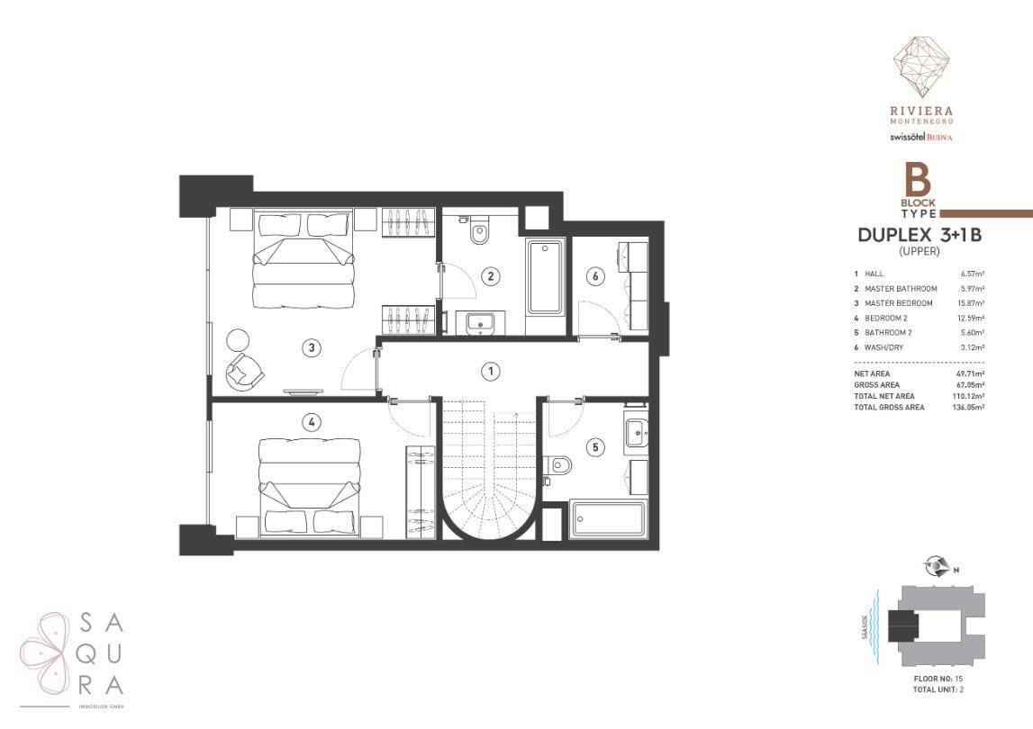Grundriss der oberen Ebene eines Duplex mit zwei Schlafzimmern, Bädern und Waschküche.