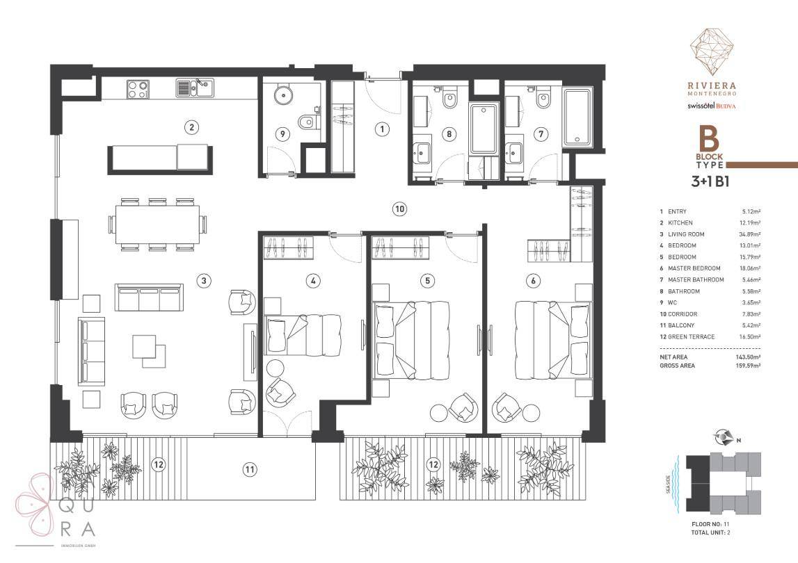 Detaillierter Grundriss einer Wohnung mit drei Schlafzimmern und großer Terrasse.
