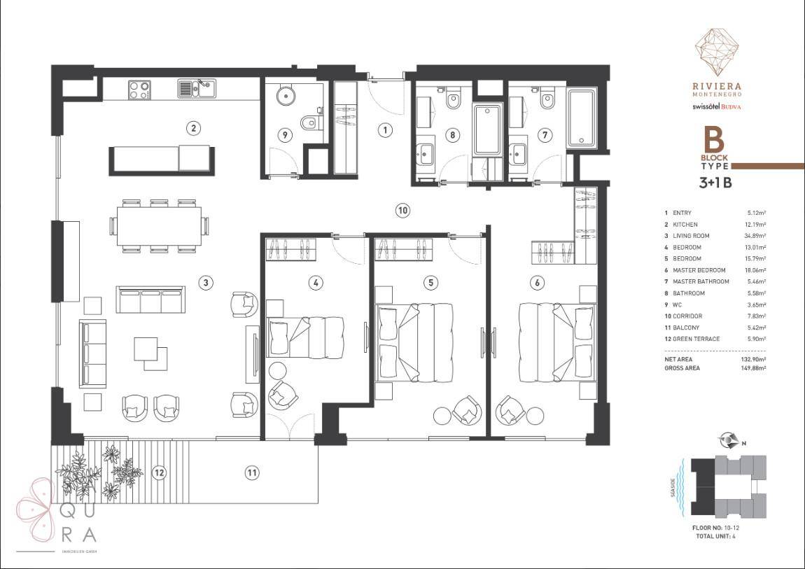 Grundriss einer Wohnung mit drei Schlafzimmern, offenem Wohnbereich und einer grünen Terrasse.