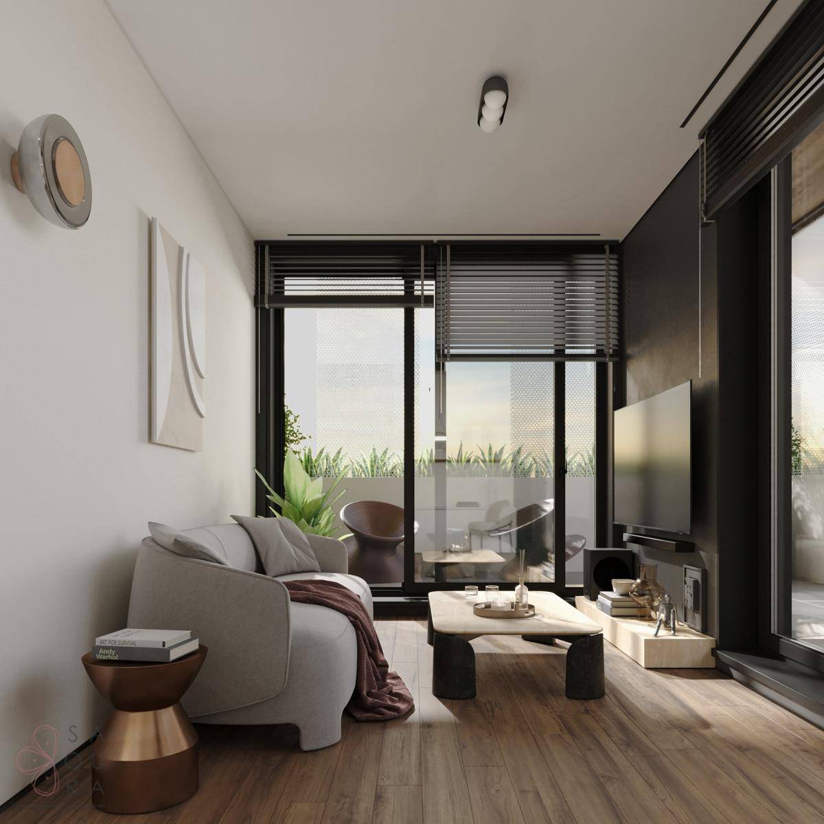 Modernes Wohnzimmer mit Fernseher, bequemer Couch und Zugang zu einem Außenbereich durch große Fenster.