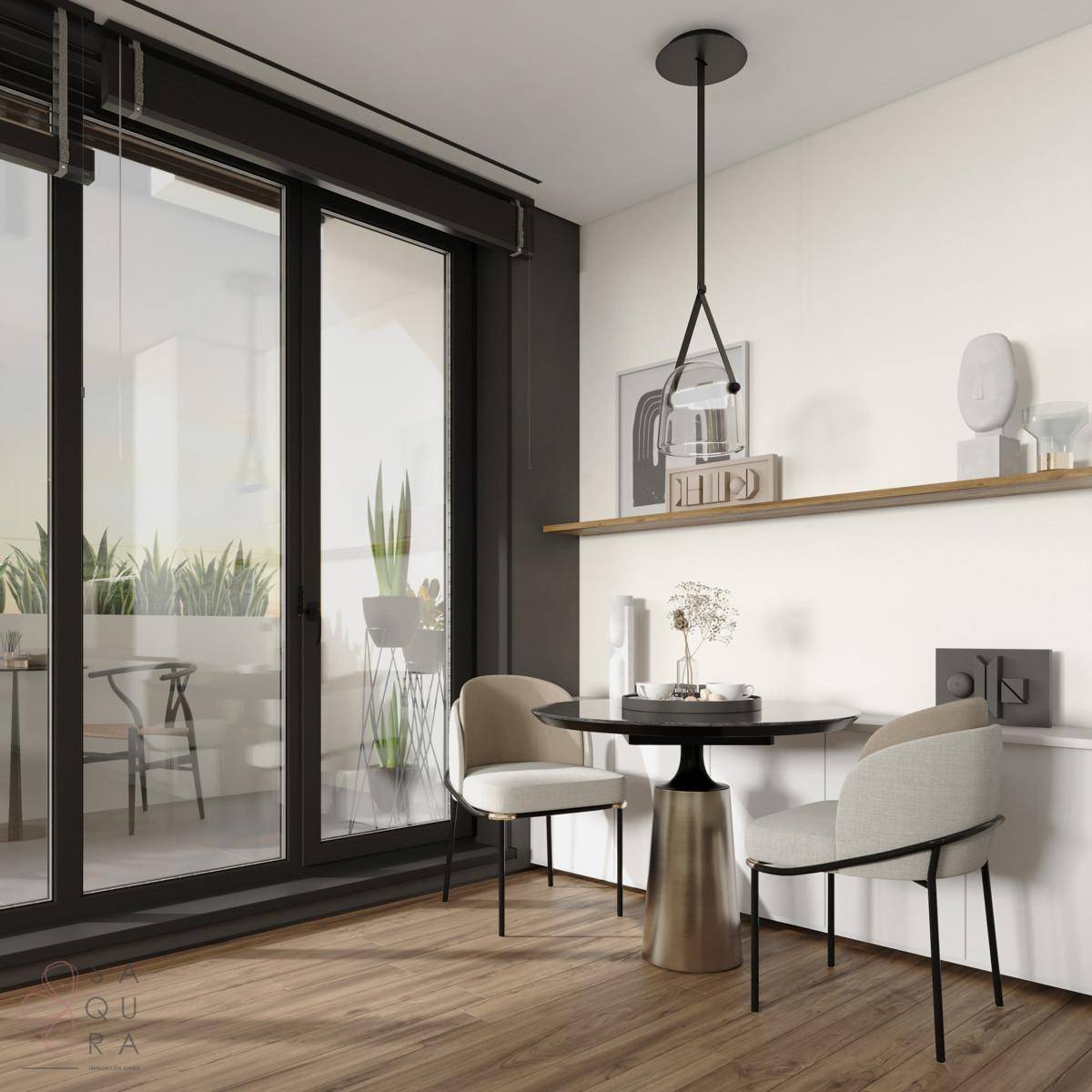 Eleganter Essbereich mit kleinem runden Tisch, modernen Stühlen und viel Tageslicht durch große Fenster.