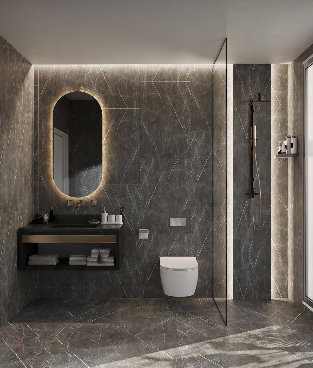 Modernes Badezimmer mit dunklen Marmorfliesen, wandhängendem WC und begehbarer Dusche.