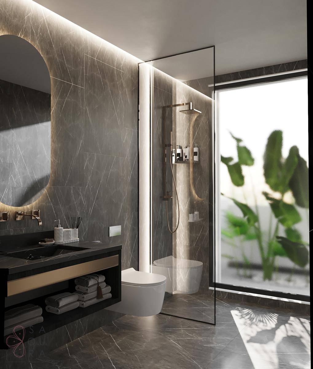Stilvolles Badezimmer mit dunklen Marmorfliesen, begehbarer Dusche und großem Fenster für Tageslicht.