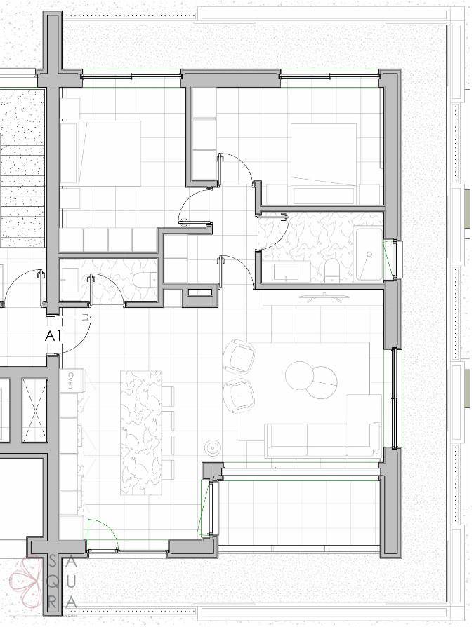 Grundriss einer Wohnung mit mehreren Zimmern, Bad und Balkonzugang.