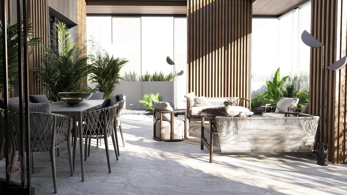 Offener Wohn- und Essbereich mit viel Tageslicht, Pflanzen und modernen Holzdetails.