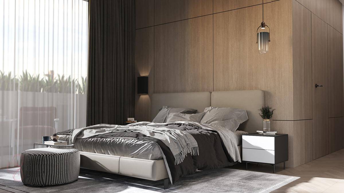 Modernes Schlafzimmer mit Holzwandverkleidung, großem Bett und viel natürlichem Licht.