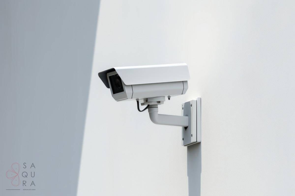 Überwachungskamera an einer weißen Wand montiert für erhöhte Sicherheit.