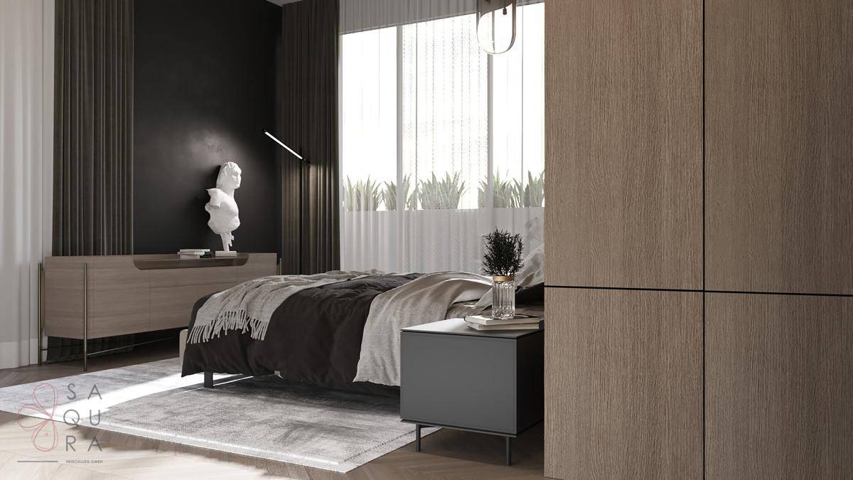 Stilvolles Schlafzimmer mit Holzwand, integrierten Schränken und moderner Beleuchtung.