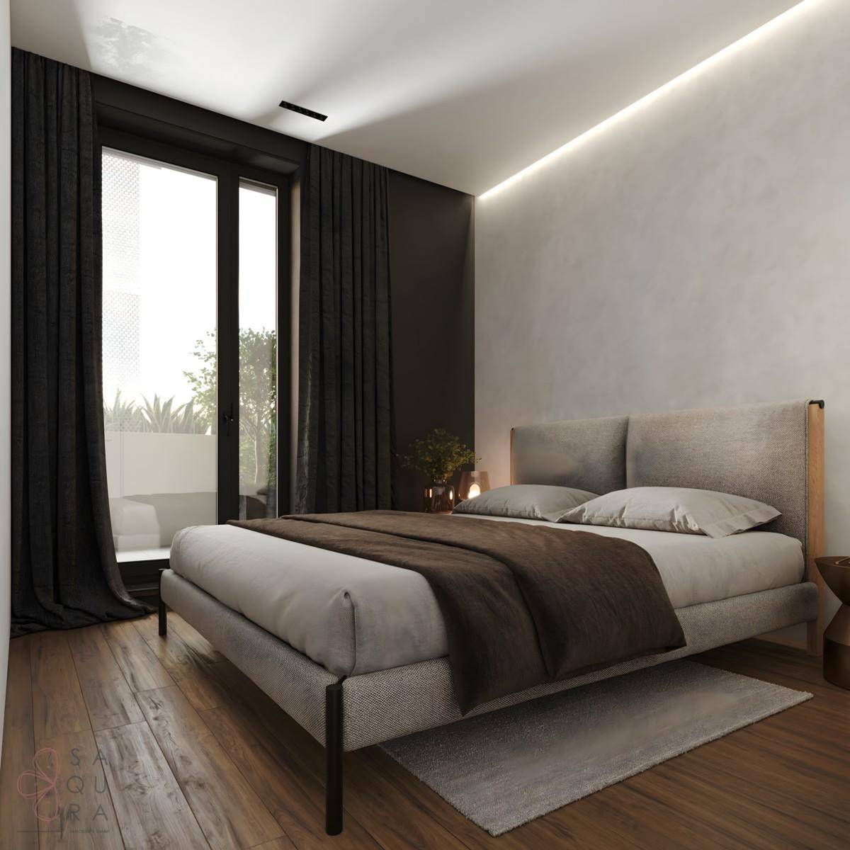 Modernes Schlafzimmer mit Holzboden, großen Fenstern und Zugang zum Außenbereich.