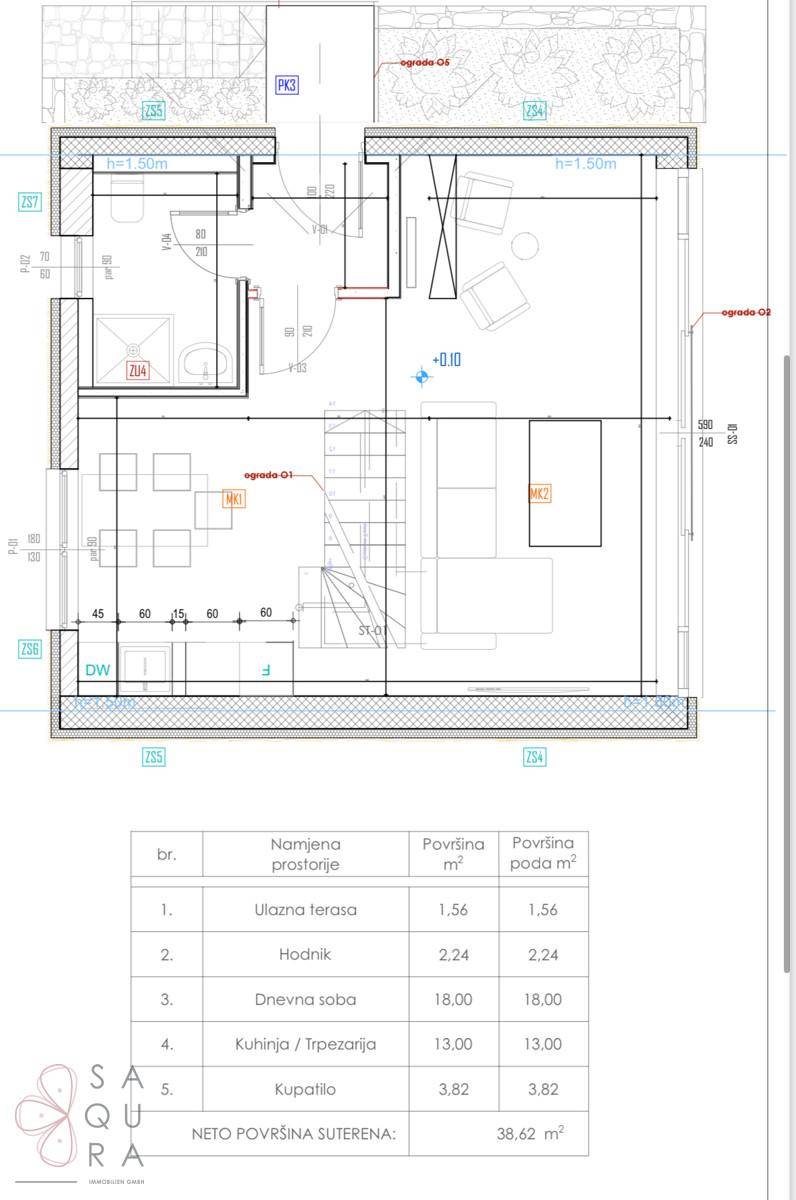 Grundriss des Erdgeschosses mit Küche, Wohnzimmer und Badezimmer.