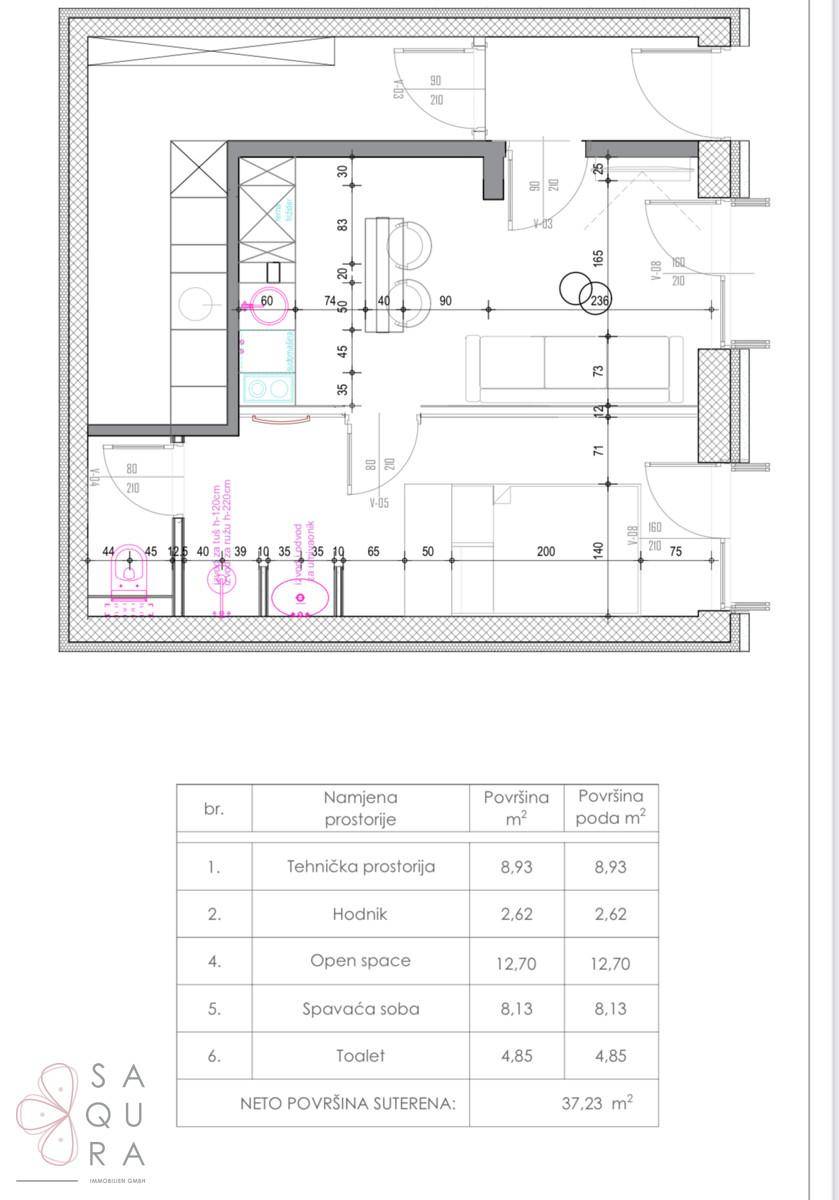 Detaillierter Grundriss des Untergeschosses mit Technikraum, Schlafzimmer und offenem Bereich.