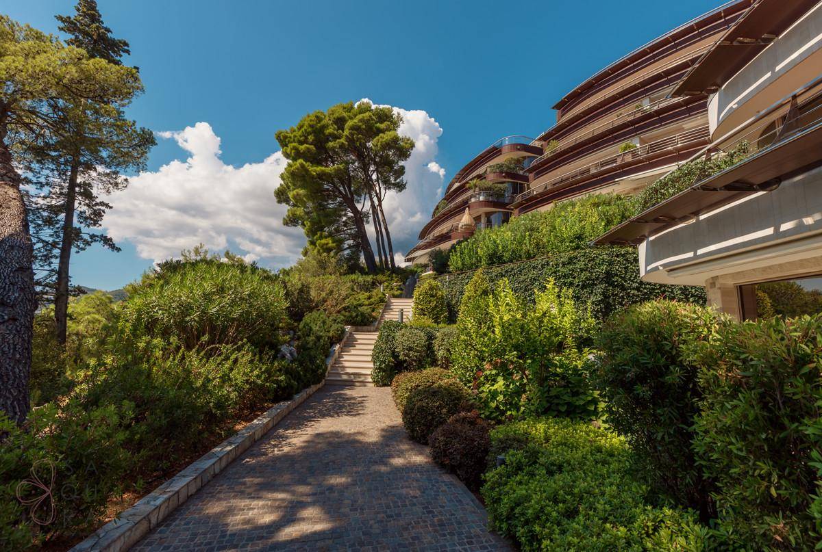 Geschwungener Zufahrtsweg und Treppen durch eine üppige Gartenlandschaft mit alten Bäumen und Sträuchern.