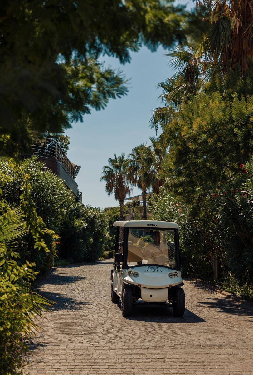 Weißes Golfcart fährt auf einem gepflasterten Weg, umgeben von üppiger tropischer Vegetation und Palmen.