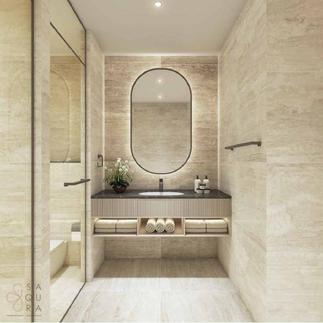 Modernes Badezimmer mit beigefarbenen Fliesen, einem einzelnen Waschbecken und einer begehbaren Dusche.