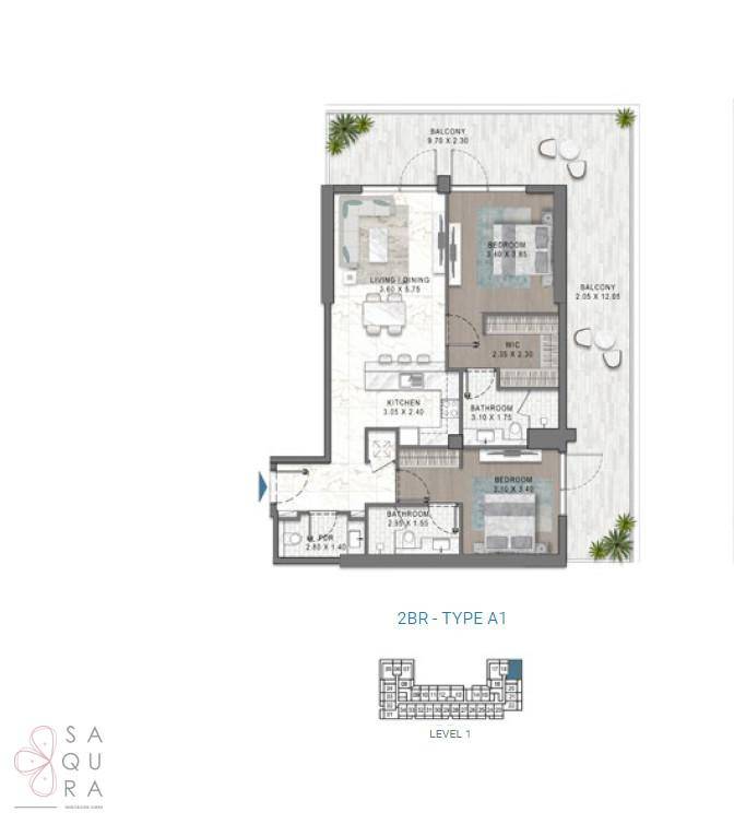 Grundriss einer 2-Zimmer-Wohnung mit offenem Wohnbereich und zwei Balkonen.