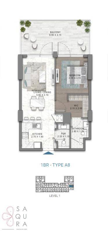 Grundriss einer 1-Zimmer-Wohnung mit offenem Wohnbereich, Schlafzimmer und Balkon.