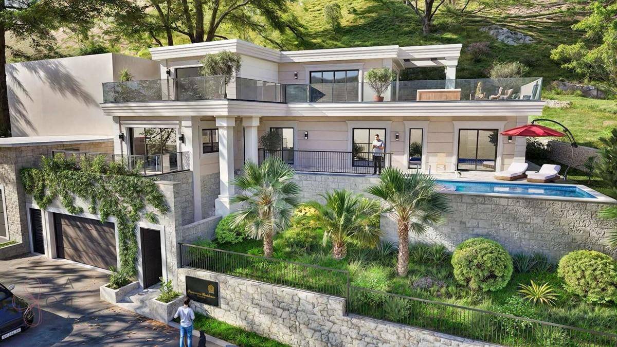 Moderne Villa mit elegantem Design, privatem Pool, Garage und üppiger Bepflanzung.