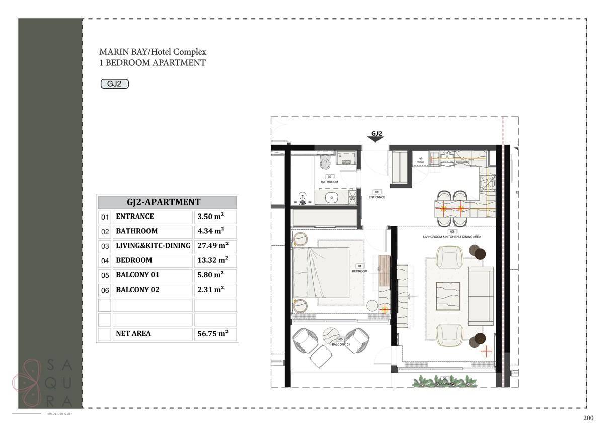 Grundriss einer 1-Zimmer-Wohnung mit Wohn-Essbereich, Schlafzimmer und zwei Balkonen.