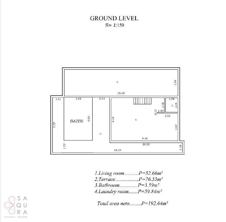 Grundriss des Erdgeschosses mit Wohnzimmer, Terrasse, Badezimmer und Waschküche.