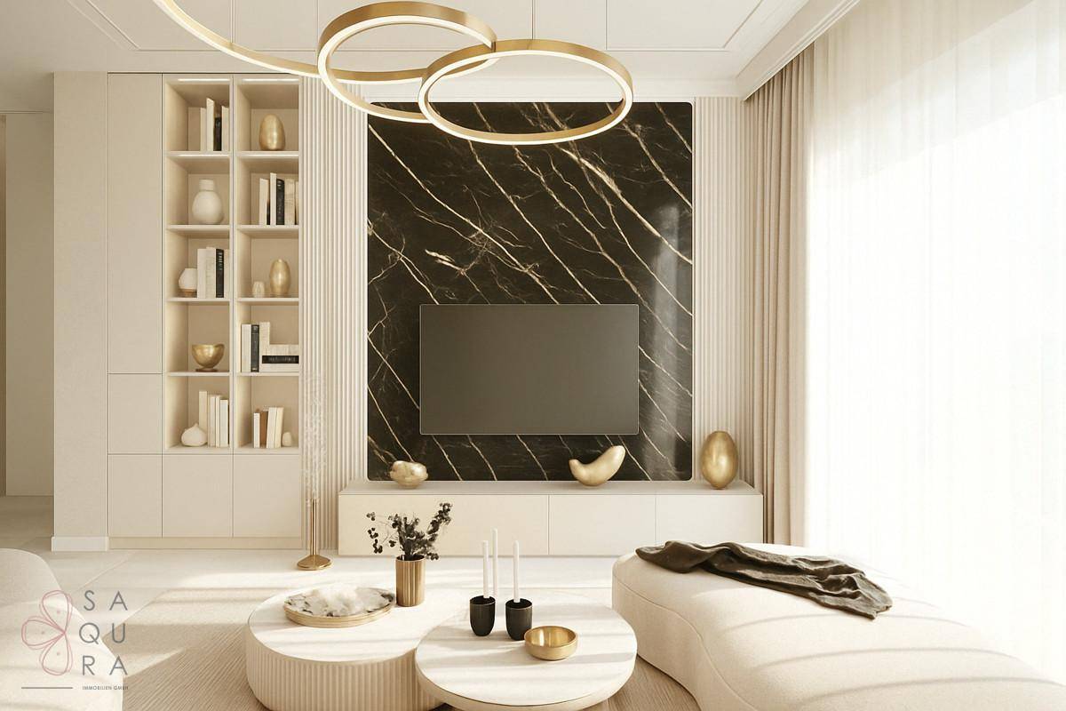 Modernes Wohnzimmer mit dunkler Marmorwand, integriertem Regal und stilvollen Couchtischen.