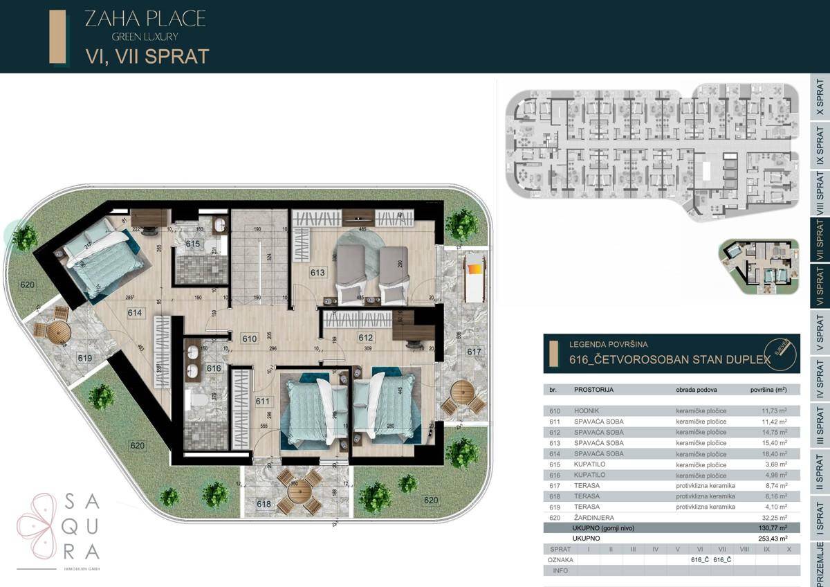 Grundriss der oberen Etage einer Duplex-Wohnung mit drei Schlafzimmern und Terrassen.