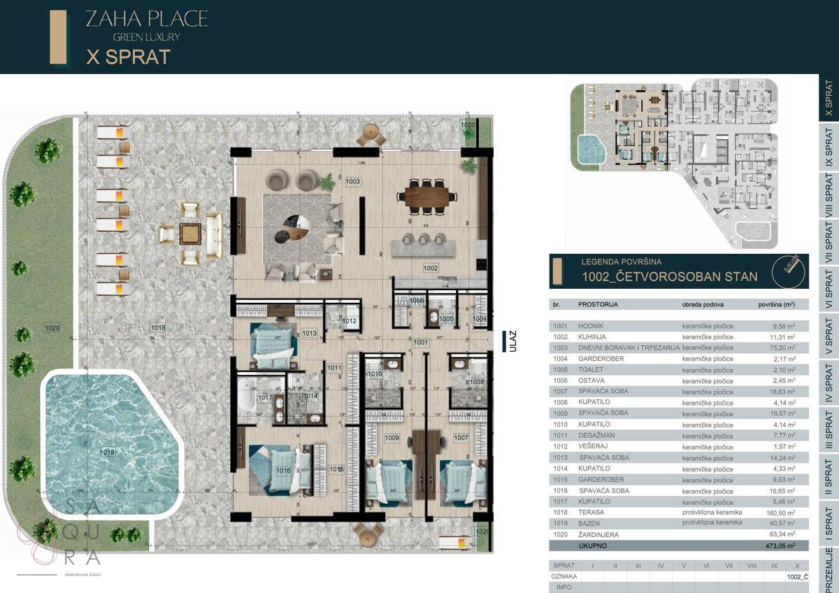 Detaillierter Grundriss einer Wohnung mit mehreren Schlafzimmern, offenem Wohnbereich und privatem Pool.