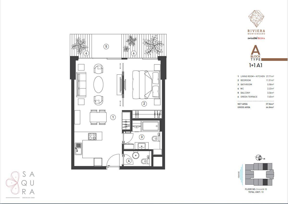 Grundriss einer Wohnung mit einem Schlafzimmer, offenem Wohnbereich und Terrasse.