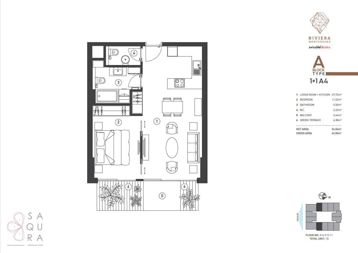 Grundriss einer Wohnung mit einem Schlafzimmer, offenem Wohnbereich und Balkon.