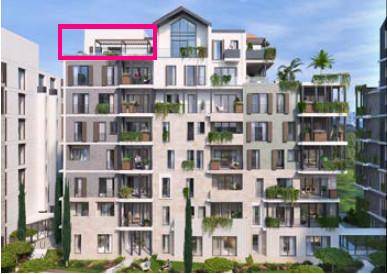 Moderne Wohnanlage mit Dachterrasse und Balkonen, umgeben von Grünflächen.