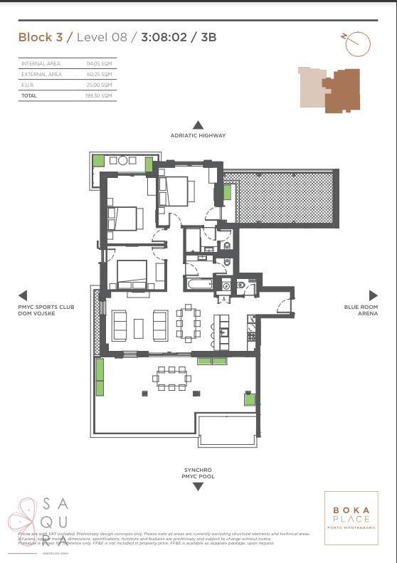 Grundriss einer Wohnung mit offenem Wohnbereich, drei Schlafzimmern und großer Terrasse mit Pool.