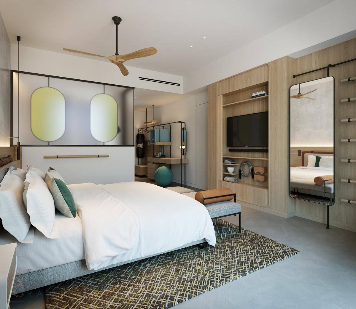 Modernes Schlafzimmer mit Holzelementen, Einbauschränken und Deckenventilator.