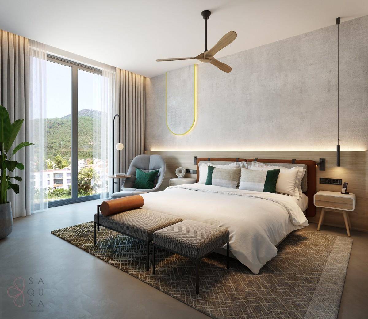 Geräumiges Schlafzimmer mit Bergblick, großen Fenstern und modernem Design.