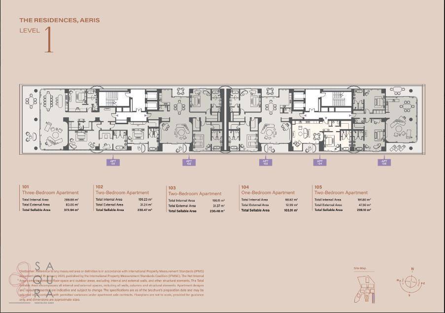 Grundriss des ersten Levels mit verschiedenen Apartmenttypen und deren Flächenangaben.
